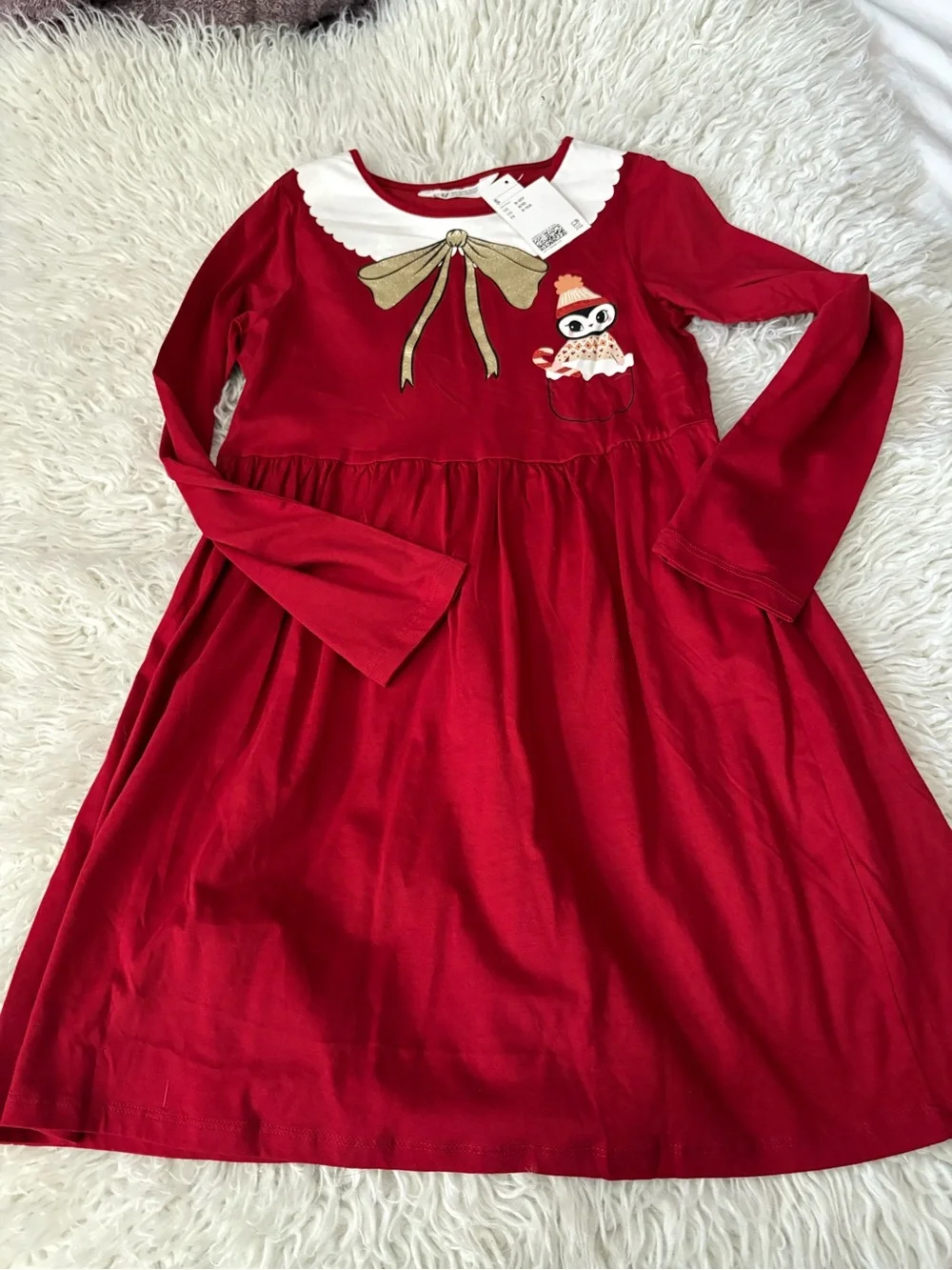Kids Red Long-Sleeve Dress with Decorative Collar 8-10Y